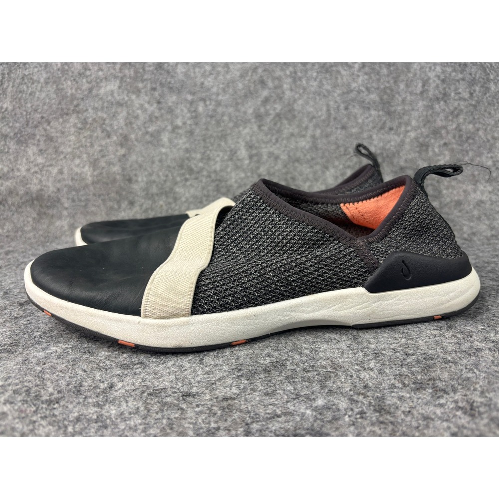OluKai Miki Slip Womens 9 Black Grey Leather Knit Slip On Sneakers 20383-7B40